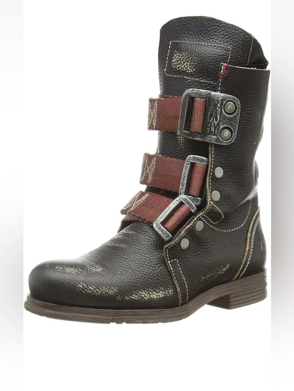 Fly London Brown Leather Combat Boots with Rust Straps